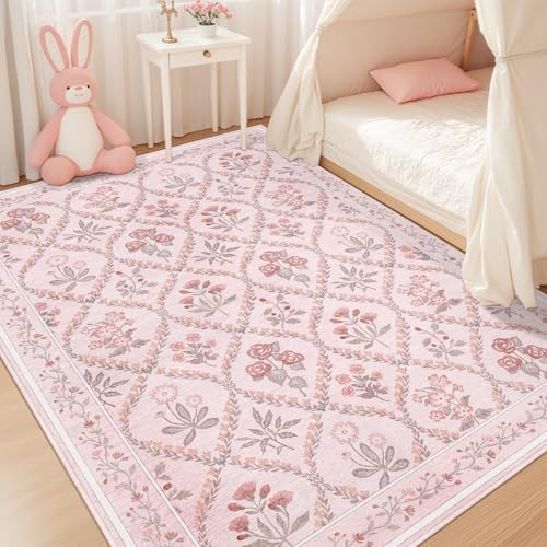 Dadasgk Pink Rug for Nursery Girl Bedroom 5x8, Cute Floral