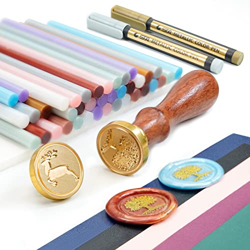 Wax Stamp Seal Kit With Glue Gun Wax Seal Sticks, Stamp Heads, Envelopes, Marker Pens Wax Seal Set For Beginners For Letters Sealing, Wedding Invitations, Gift Wrapping, Party Invitations #TOP2