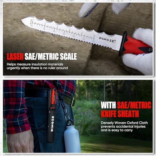 Image of PINOZE 8 inch Insulation Knife, Stainless Steel Blade Insulation Cutter w /Laser Scale, Dual-Side Serrated Duct Knife Tool with Sheath for Cutting Heat Material Foam /Rockwool /Styrofoam, Garden Sod Cutter