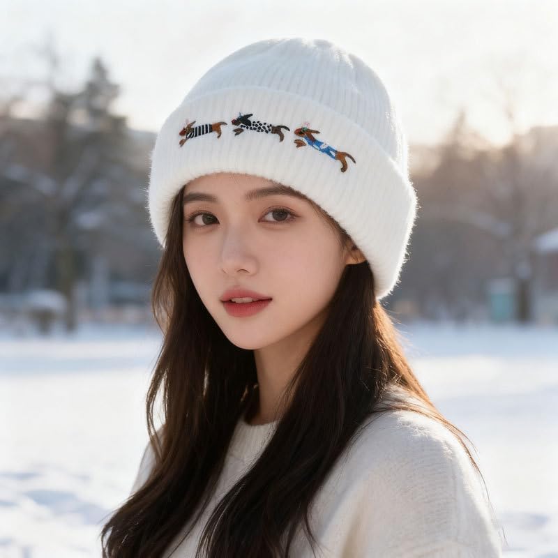 Dachshund Embroidered Knitted hat Warm Cold hat for Women in Winter Outdoor Cold ski Beanie