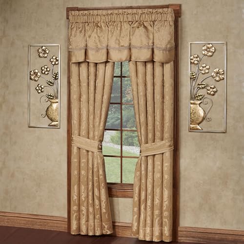 Monaco Classic Luxury Window Treatments | Royal Monochromatic Metallic Gold Hues | Puff Jacquard-Woven Acanthus Damask Designs | Lined, Wide Drapery Set Includes Scalloped Valance & 84L Curtain Pair