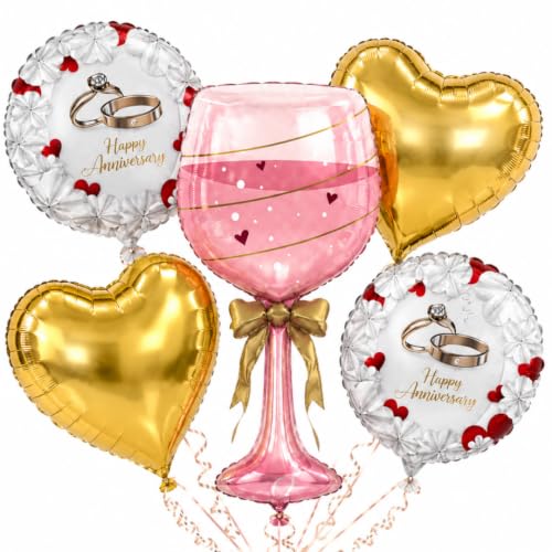 Image of Wanna Party Happy Anniversary Wine Glass Foil Balloon Set of 5, Pink Wine Glass Balloon with Gold Heart and Printed Round Balloons, Romantic Anniversary Decoration for Husband Wife & Couples