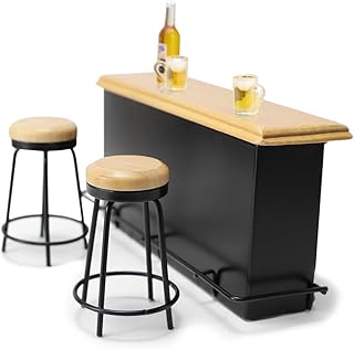 Dollhouse Furniture Metal Bar Table & Chair with Wood Top Pub Set 1:12 Scale Miniature Accessories Bar Counter Stool Mini Dining Coffee Table Model Layout Props Desktop Decor