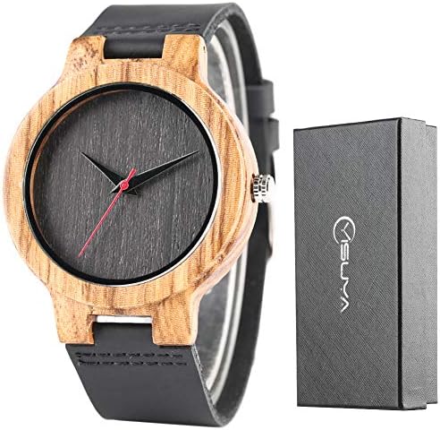 Creative Wood Watch Mens Analog Minimalist Genuine Leather Band Strap Bamboo Nature Wood Wrist Watch