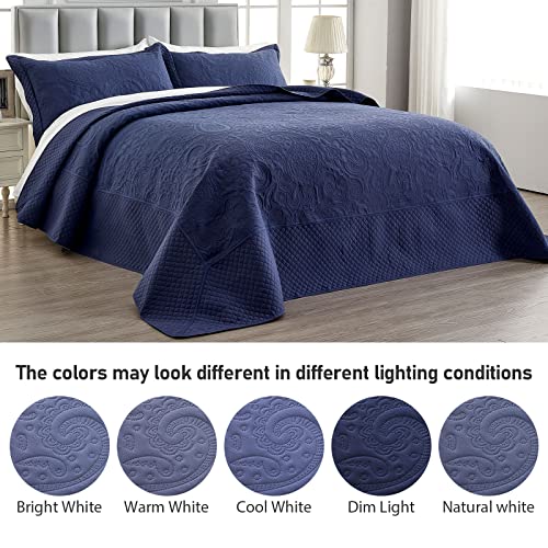 Image of Qucover Oversized King Bedspreads, 3 Piece Soft Microfiber Lightweight Oversized King Quilt 128x120, Elegant Paisley Ultrasonic California King Bedspread Bedding Coverlets, Navy Blue