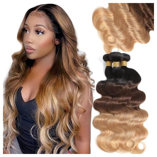 Kapelli Hair 10A Ombre Human Hair Bundles Ombre Brazilian Hair Body Wave (T1B/4/27,14" 16" 18") Ombre Brazilian Human Hair 100% Unprocessed Virgin Remy Hair Bundles 3 Tone Black to Blonde Human Hair Weave