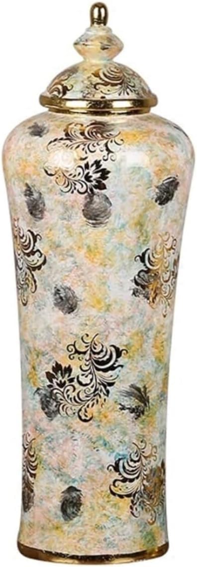 Vase Tabletop Ginger Jar Decorative Ceramic with Lid for Decoration Golden Temple Traditional Chinese Porcelain Table(17.5 * 51cm)