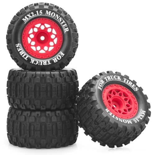 Pneus et roues 12 mm pour MJX 16207 Traxxas E-Revo 1/16 daitoku style A rouge
