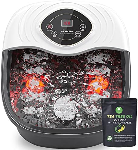 RIGHTMELL Foot Spa,Foot Bath Massager with Tea Tree Oil Foot Soak with Epsom Salt - with Heat, Bubbles and Vibration,Red Light,Medicine Box Digital Temperature Control 8 Acupressure Massage Points