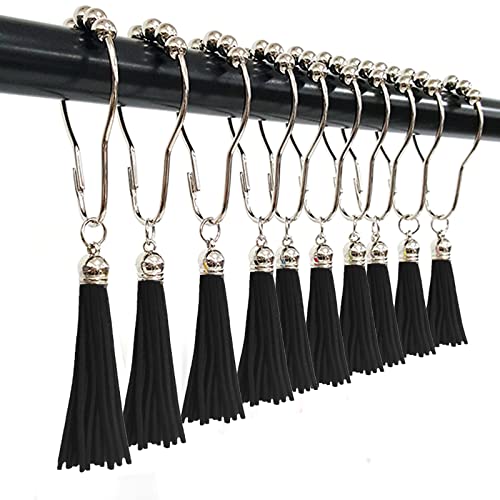 XXM Decorative Shower Curtain Hooks, Rust-Resistant Stainless Steel Ring with Tassels for Bathroom Shower Rod – Set of 12 (Black) SCH-12P