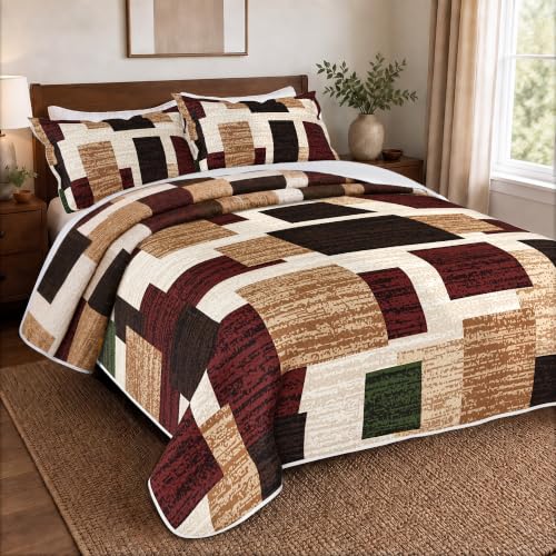Image of Tyrot 3 Piece Brown Red Vintage Quilt Twin Size Red Bedding Set
