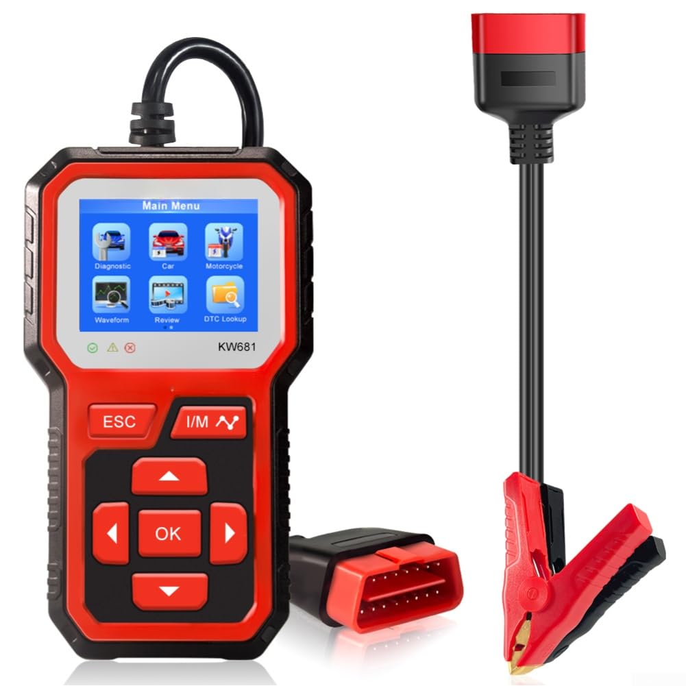 KW681 - Tester per batterie da 6 V/12 V per auto e moto, scanner diagnostico con lettura dei codici di errore e funzione di cancellazione, per batterie AGM, gel e acido, standard OBD2 (a partire dal