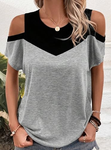 Hilinker Women's Cut Out Cold Shoulder Tops Summer Color Block Short Sleeve Sexy Shirts4
