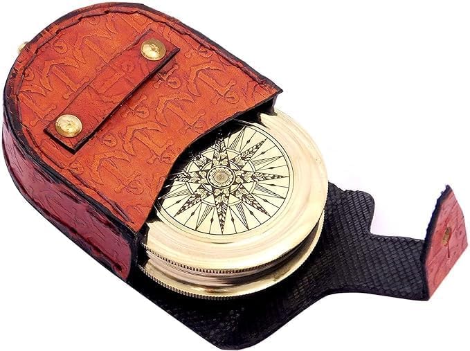Brújula de bolsillo de latón estilo antiguo con estuche de cuero miniatura 1