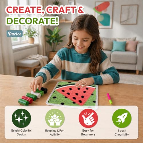 Image of Darice Latch Hook Rug Kit, Watermelon Design DIY Latch Hook Kit for Kids & Adults, Color Canvas, PreCut Yarn & Hook Tool, Craft Activity & Gift for Kids