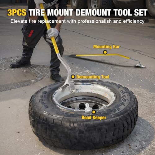 Image of YELLOW JACKET Tire Mount Demount Tool, 22.5 to 24.5 inches, 3PCS Tire Changer Demount Tool Adapted to Aluminum and Steel Rims, with Extra Bead Keeper, Tire Changing Tools for Car Repairing, Yellow