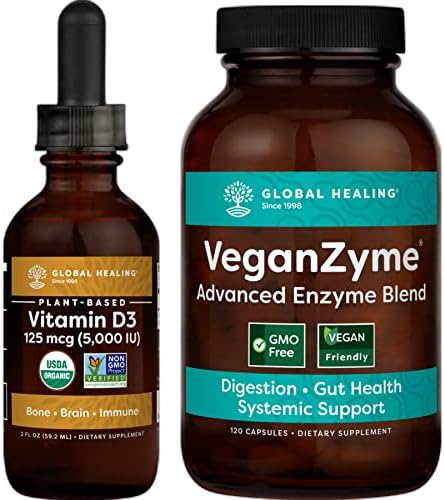 Best supplement for natural healing | Global Healing Veganzyme & Vitamin D3 Kit – Systemic & Digestive Enzyme Blend to Support Digestion and Organic Liquid Supplement Drops for Healthy Bones, Joints, and Mood – 120 Capsules & 2 Fl Oz Best supplement for natural healing | Global Healing Veganzyme & Vitamin D3 Kit – Systemic & Digestive Enzyme Blend to Support Digestion and Organic Liquid Supplement Drops for Healthy Bones, Joints, and Mood – 120 Capsules & 2 Fl Oz