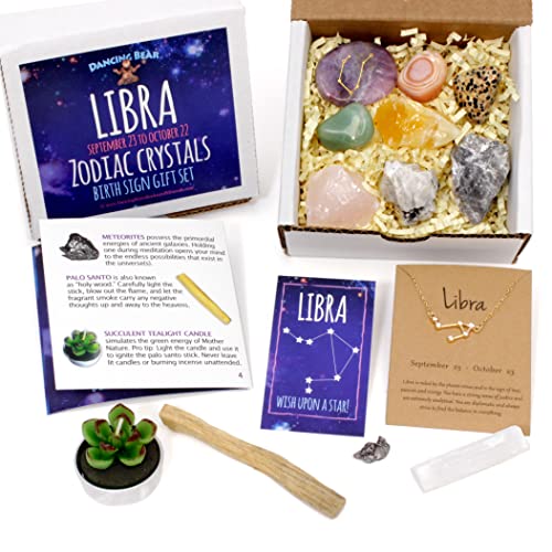 DANCING BEAR Libra Zodiac Healing Crystals Gift Set (14 Pc): 9 Stones, 18K Gold-Plated Constellation Necklace, Meteorite, Succulent Candle, Palo Santo Smudge Stick, and Info Guide, Made in The USA