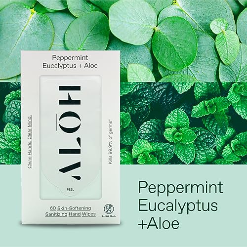 Image of ALŌH Peppermint Eucalyptus + Aloe Hand Sanitizer Wipes, Travel Size | Clean Hands, Clear Mind, On The Go for Kids and Adults | Alcohol Free, Moisturizing, Scented | 6 Pack 20ct Wipes (120 wipes)