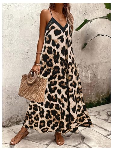 SOLY HUX Women's Leopard Print Maxi Dress V Neck Spaghetti Strap