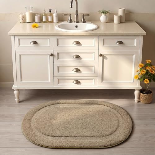Image of Color&Geometry Oval Beige Bathroom Rugs 43x24, Extra Soft Absorbent Microfiber Bath Rugs, Non-Slip Bathroom mat, Washable Plush Bath Mats for Bathroom, Shower, Bathtub, Laundry, Beige