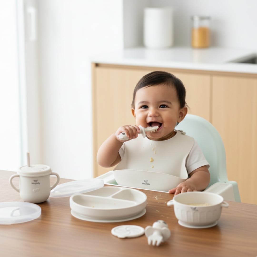 Set Repas Bébé Complet 8 Pièces en Silicone – Assiette Ventouse Compartimentée, Bol, Tasse d’Apprentissage, Couverts, Bavoir + Sac Isotherme – Kit voyage Sans BPA dès 6 Mois (Beige)