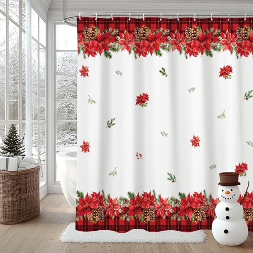 AIBIIN Cortina de ducha de flores de Navidad, tela de Navidad, material de poliéster duradero con 12 ganchos, 180 x 180 cm