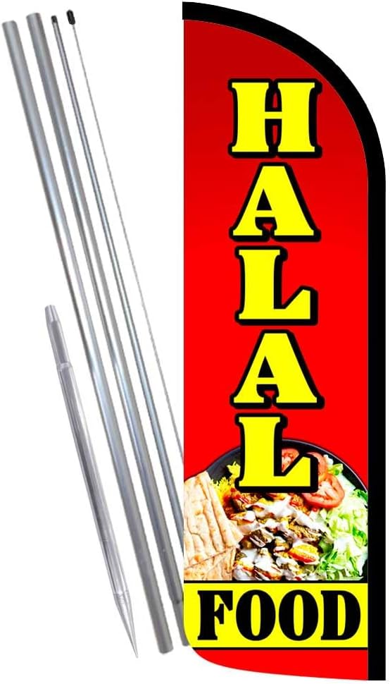 Vista Flags Halal Food Premium Windless Feather Flag Bundle (11.5' Tall Flag, 15' Tall Flagpole, Ground Mount Stake) Printed in the USA 841098112264