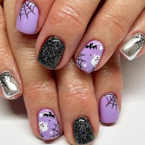 24Pcs Halloween Press on Nails - Short Square Acrylic False Nails with Black Glitter and Purple Design, Cobweb Glue, Cute for Women and Girls Manicure Kit