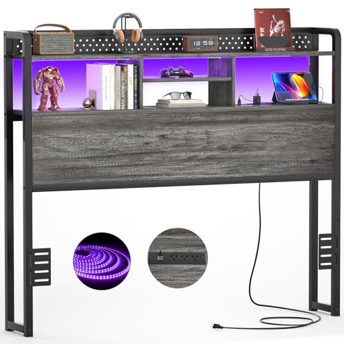 Unikito Headboard for Full Size Bed with Storage Shelf, Head Board with 3 Outlets and 2 USB Ports, Headboards with RGB LED Light, Height Adjustable, Sturdy and Stable, Easy Assembly,Black Oak