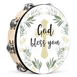 Eaasty 10 Inch Church Christian Tambourines, Give It All to God/God Bless You Tambourines with Double Row Jingles, Wooden Hand Bell Hand Clap Drum for Pray Church Party Percussion Musical (Peaceful)
