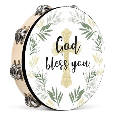 Eaasty 10 Inch Church Christian Tambourines, Give It All to God/God Bless You Tambourines with Double Row Jingles, Wooden Hand Bell Hand Clap Drum for Pray Church Party Percussion Musical (Peaceful)