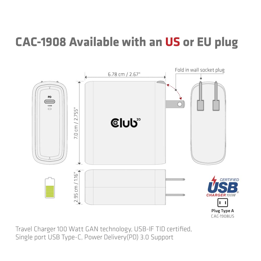 Club3D CAC-1908EU - Caricabatterie da viaggio, 100 Watt, tecnologia GAN, certificazione USB-IF, connettore singolo, USB Type-C, Power Delivery (PD) 3.0
