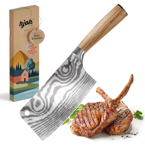kjøk Couperet de Boucher Lame 17 cm – acier 7cr, dureté 58±2 HRC – manche ergonomique en bois d'olivier – pour viande épaisse, volaille et légumes...