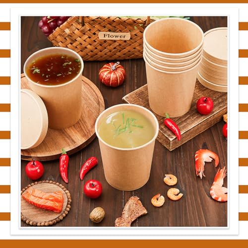 Sabary 50 Pack 20 oz Paper Soup Containers with Lid Disposable Kraft Soup Food Bowl Microwavable Food Storage Ice Cream Containers Nice for Restaurants(Brown) by Sabary - Image 2