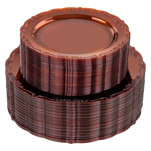 U-QE 100PCS Amber Plastic Plates - Clear Brown Plastic Plates Disposable Heavy Duty - Disposable Plates for Party Including 50PCS 10 Dinner & 50PCS 7.5 Dessert Plate