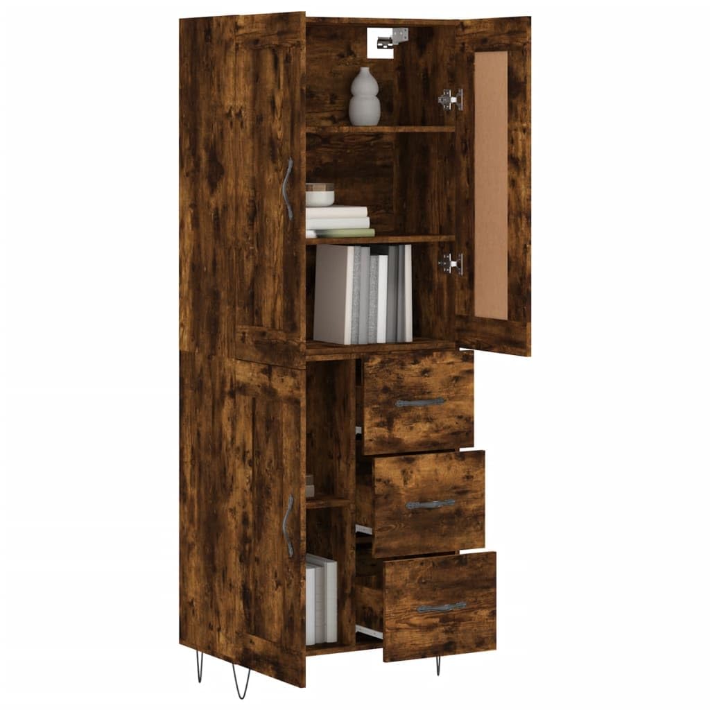 Armadietto alto di alta qualità in rovere affumicato, 69,5 x 34 x 180 cm, in legno con molto spazio, pratiche ante e piedini in metallo, ideale per soggiorno, sala da pranzo, corridoio