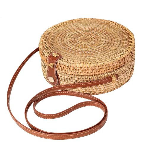 Image of Rattan Crossbody Bag Round Rattan Bag Round Woven Shoulder Bag with Leather Strap and Buckle Fashionable Summer Beach Bag for Women Travel
