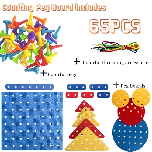 Counting Peg Board for Kids - Toddler Stacking Toys - 65 Pcs DIY Building Set Large Foam Board & Occupational Therapy Toys, Color Sorting & Lacing Toy , Montessori Tools, Peg Puzzles for Toddlers 1-3 - Image 4