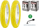 --> Tamaño = 12 1/2 x 2 1/4" ETRTO = 62 – 203. Tipo de neumáticos = alambre TPI = 22. Ruedas cómodas gracias a la amplia barra central y agarre mediante tacos en los laterales. Cómodo neumático prémium para rueda delantera y trasera. Color = amarillo.