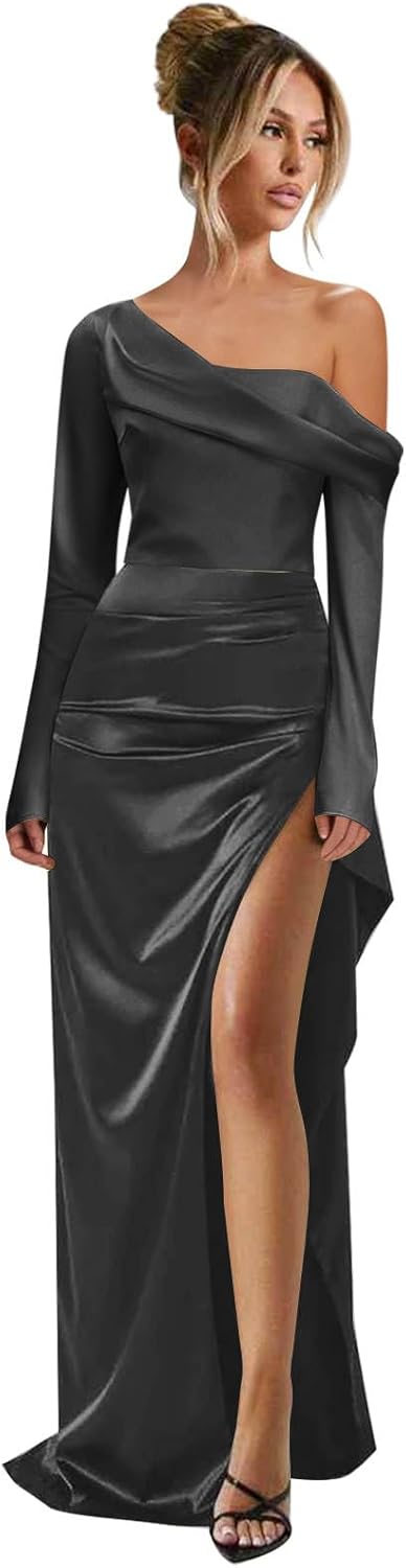 One Shoulder Long Prom Dresses for Women 2026 Long Sleeves Backless Pleated Satin Formal Dress with Slit