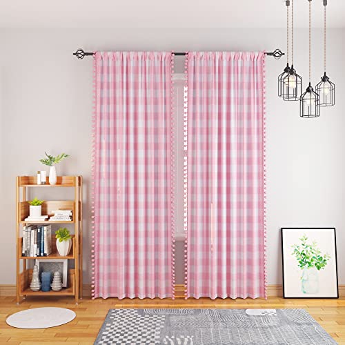 Eurzaar Buffalo Check Curtains With Pom-Poms Pink 84 Inches Gingham Plaid Living Room Drapes Bedroom Window Curtain Panels Cotton Kitchen Vintage Farmhouse Decor 2 Panels Rod Pocket 52"X84" #TOP4