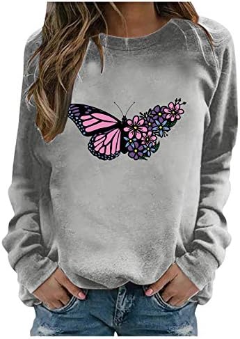 Womens T Shirts, Cute Tops Long Sleeve T Shirt Dress Women's Casual Loose Round Neck Long Sleeve Butterfly Print Top Blouse T-Shirt Womens Button Plaid Balloon Sleeve Chiffon Blouse(Gray,Small)
