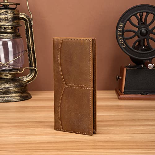 Retro Long Genuine Leather Bifold Wallet for Men with Zippered Coin Pocket Travel Size (Light Brown)2