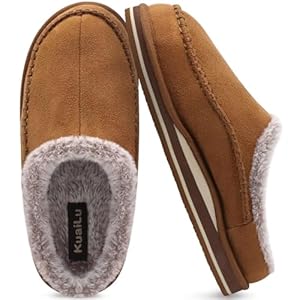 KuaiLu Mens Memory Foam Clog Slippers Comfy Handmade Stitch Microsuede Slip-on House Shoes With Arch Support Warm Faux Fur Lined Rubber Sole Indoor Outdoor