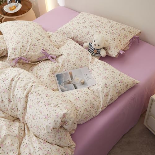 Image of LifeTB Floral Cottagecore Comforter Set Queen, 3 Pieces Vintage Flowers Comforter Coquette Aesthetic Bedding Set for Girls Teen Women, Soft Lightweight Botanical Comforter with 2 Bow Ties Pillowcases