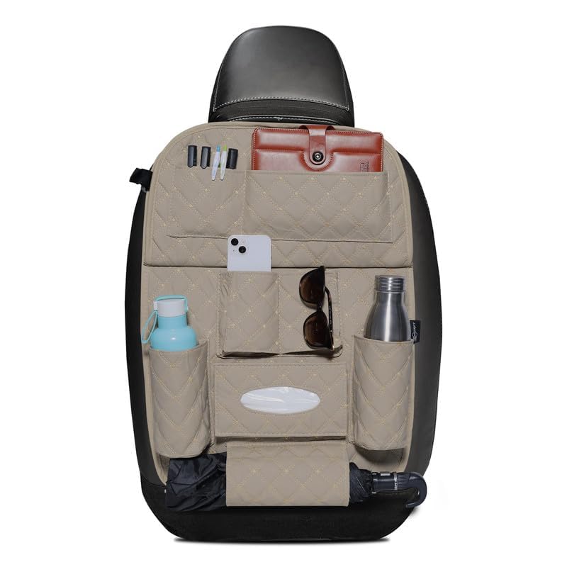 Auto Oprema Car Backseat Organizer with Foldable Table Tray, Luxury PU Leather Car Storage with Dining Table Holder (Beige-image-26