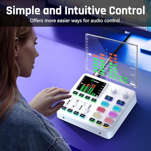 Image of PUPGSIS Gaming Audio Mixer, Audio Interface for PC /Podcast /Streaming, Sound Board with 3.5mm /XLR Mic Input, 48V Phantom Power, Voice Changer, Live Sound Card with DJ Mixer Effects /Bluetooth(White)