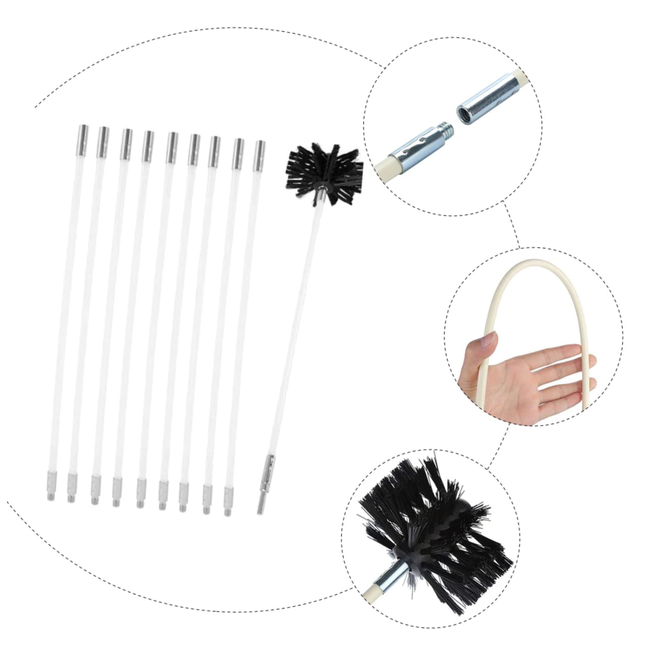 Spazzola per Pulizia Stufa e Condotto Flessibile Bianco | Aste Pieghevoli in Ferro Zincato, Struttura in Nylon, per Parete Interna di Dryer e Flue