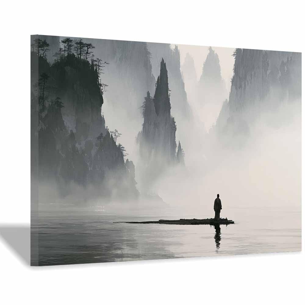 XENIOU Black White Canvas Print Misty Mountain River Art prints for walls, decorative paintings for Living Room Bedroom Home Decoration(Multicolor)-70x100cm Framed